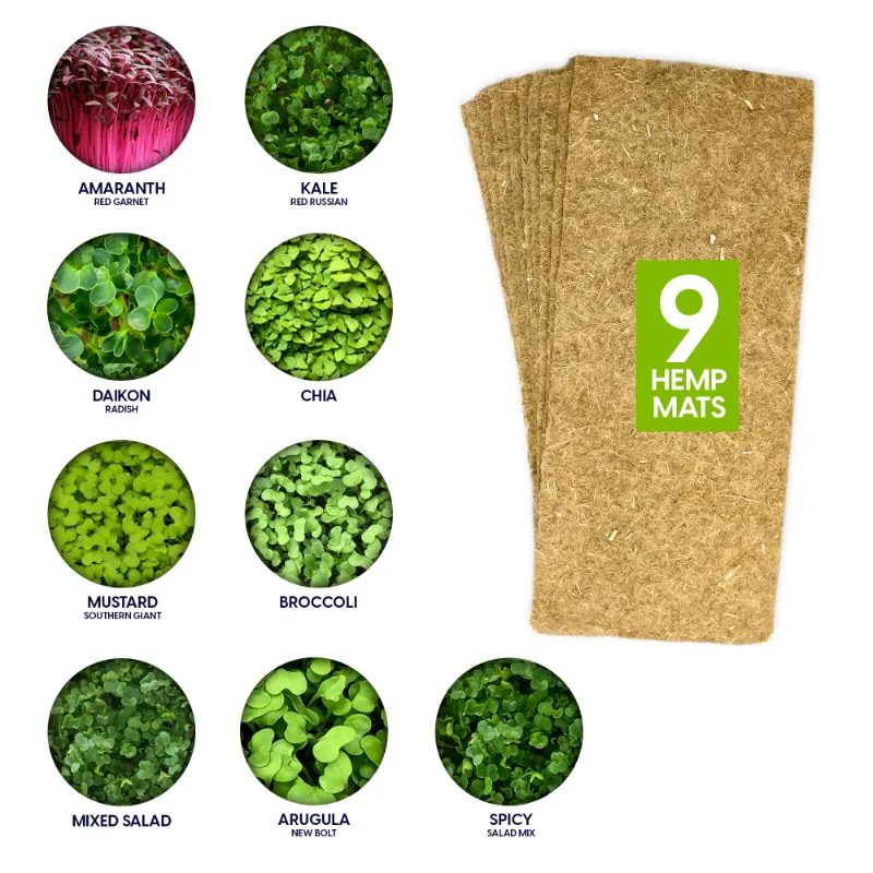 ZestiGreens Microgreens Kit Refills A with hemp mats and seed packets for nine microgreens varieties