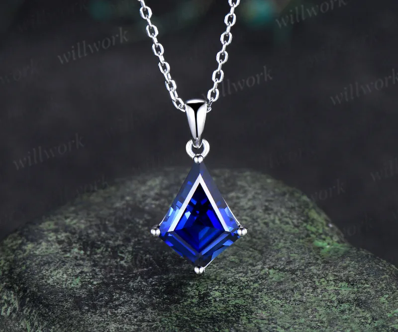 WillWork Jewelry 10x13mm kite cut blue sapphire solitaire pendant necklace