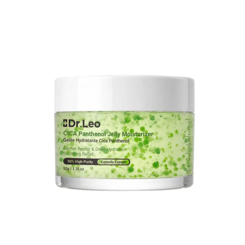 Dr Leo CICA Panthenol Hydro-Gel Soothing Moisturizer jar with green gel texture