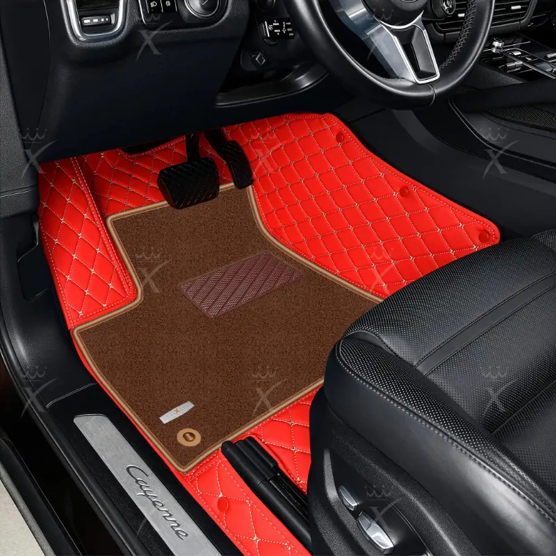 Luxus Car Mats Ferrari Red & Brown Top Carpet floor mat showing diamond stitching detail