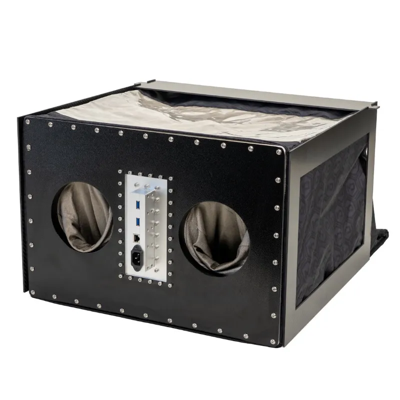 MOS Equipment Mission Darkness BlockBox Touch Pro, collapsible chamber setup showing dual glove ports and USB filter housing