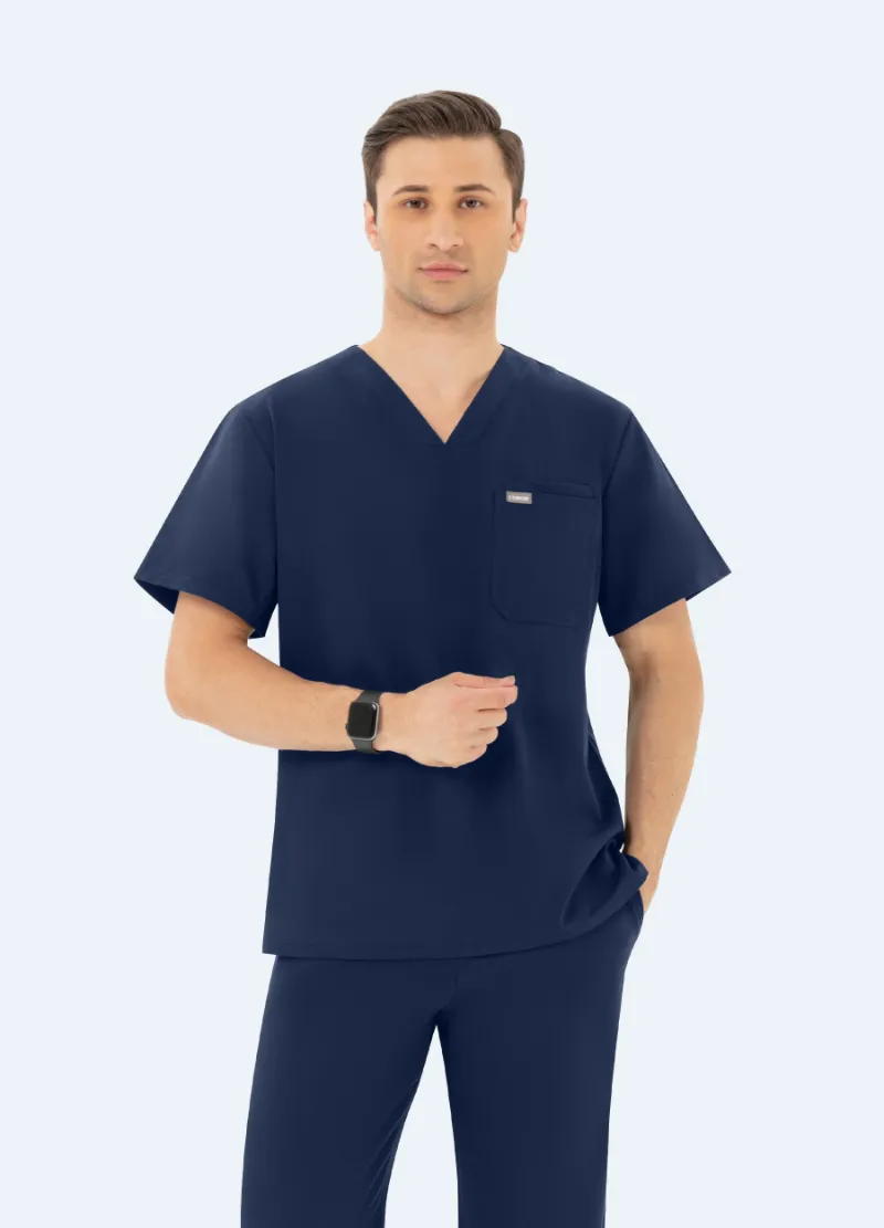 COMENII DynaComfort Essential Scrub Top Navy, classic V-neck scrub top in navy with chest pocket detail