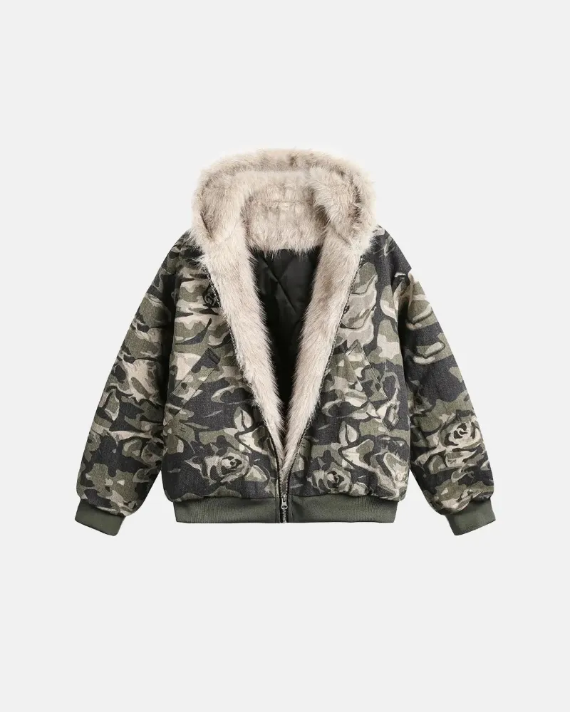 INFLATION Camo Faux Fur Padded Hooded Jacket in military camouflage print with fur-lined hood