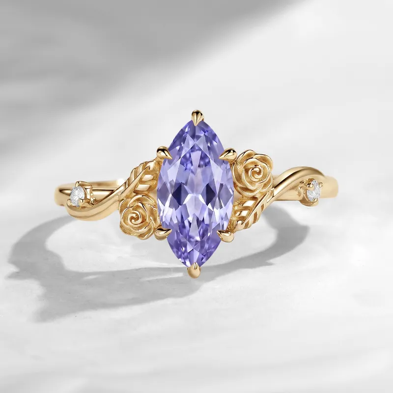 Starlandus 'A Rose Is A Rose Is A Rose' Nature Inspired Marquise Lab Lavender Sapphire Romantic Rose Flower Engagement Ring with rose band