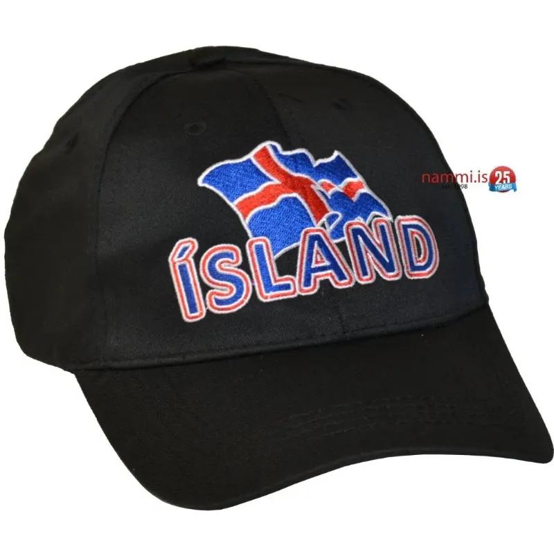 Nammi Cap Icelandic Flag / Black no.2 showing black baseball cap with Icelandic flag embroidery