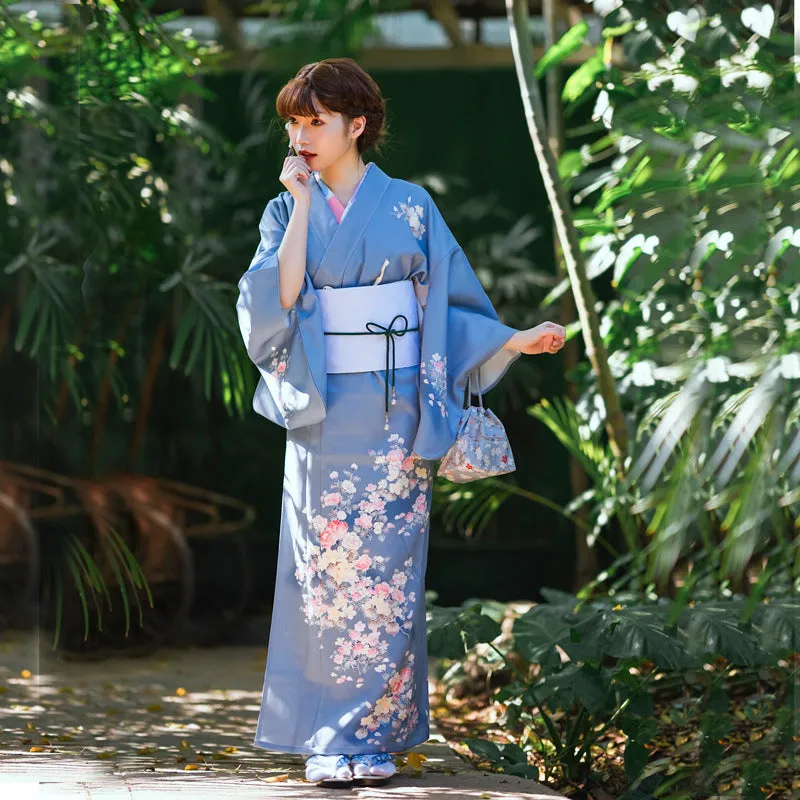 Foxtume Morandi Blue Women Festival Yukata with Obi Belt in soft blue with floral pattern