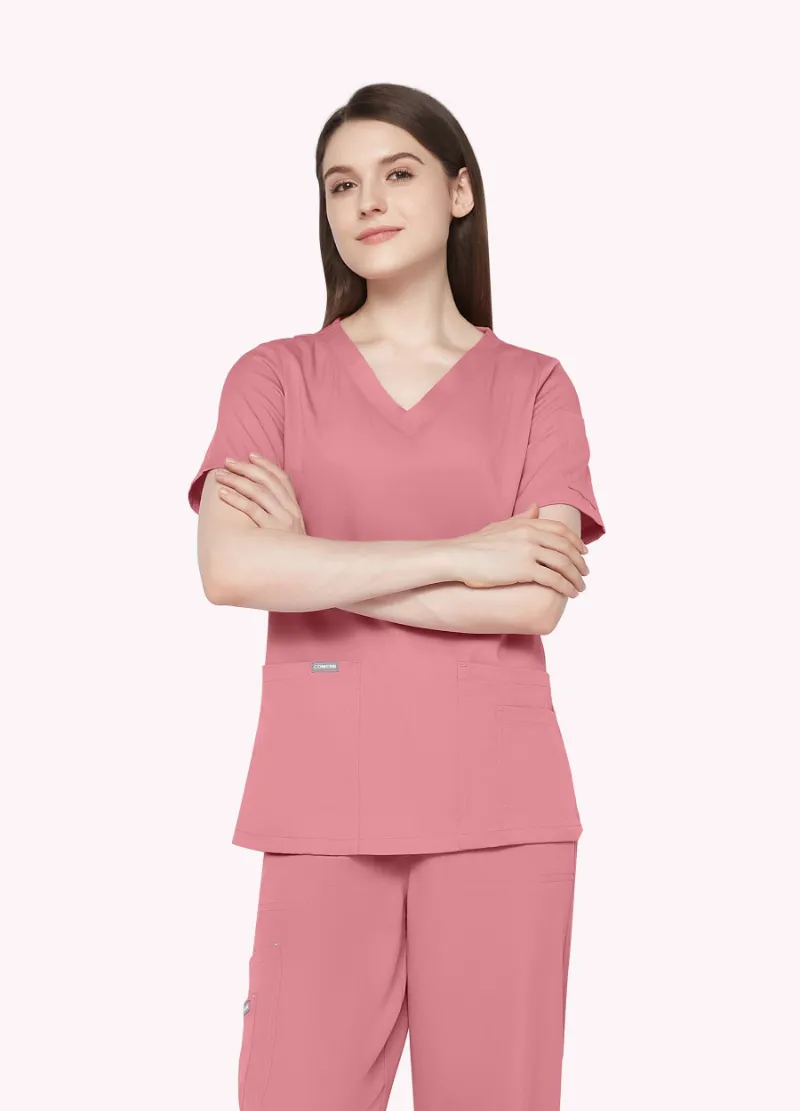 COMENII ElegCare™ Essential Scrub Top Pink, front view showing V-neck and sleeve pocket