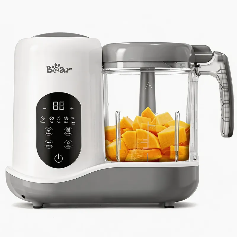 Bearforbaby Bear 2024 Smart Touch-Screen One-Step Baby Food Maker, white unit with digital touchscreen display