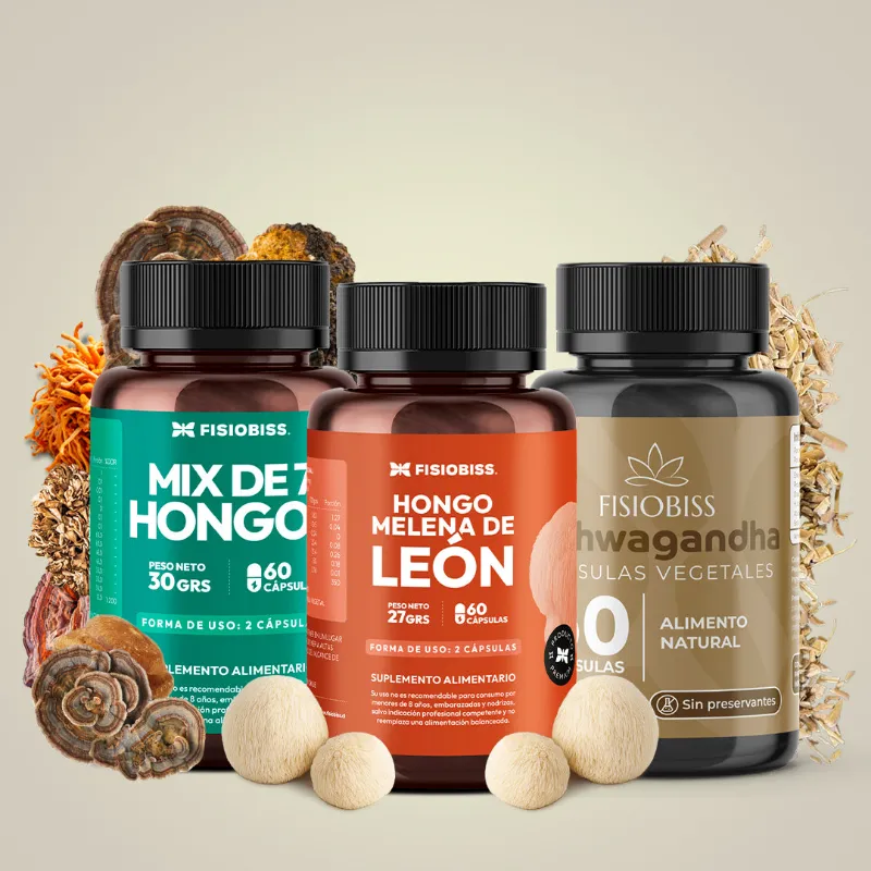 Fisiobiss three supplement pack with lion's mane, mushroom mix, and ashwagandha bottles