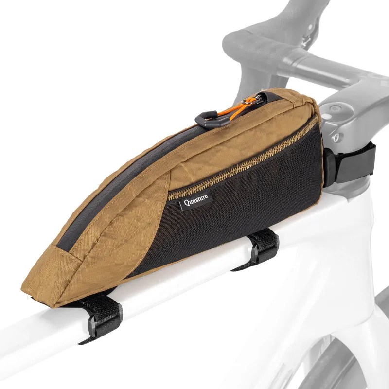RockBros US Bikepacking Top Tube Bike Bag 1L mounted on bicycle frame with mesh pocket