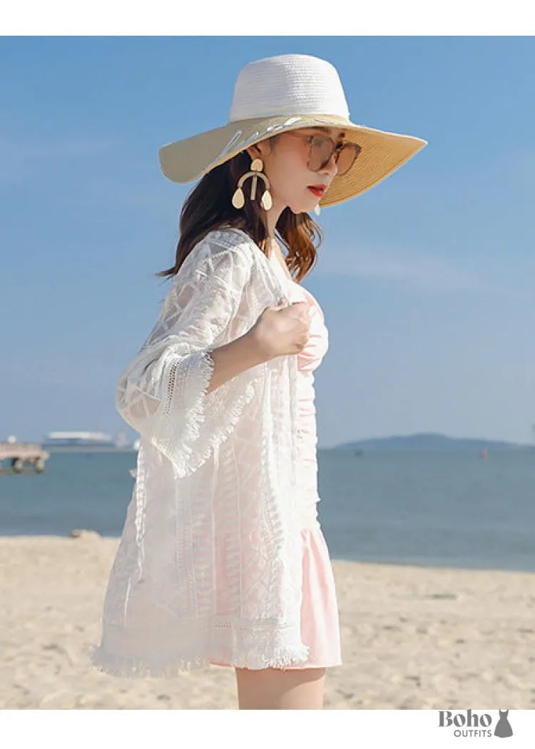 Boho Dress lace tassel chiffon cardigan in white with three-quarter sleeves and open front