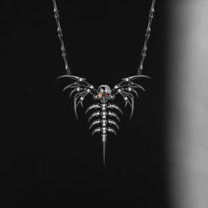 Starlandus Glittering Skeleton Gothic skull and skeleton rose pendant necklace with gemstone accents