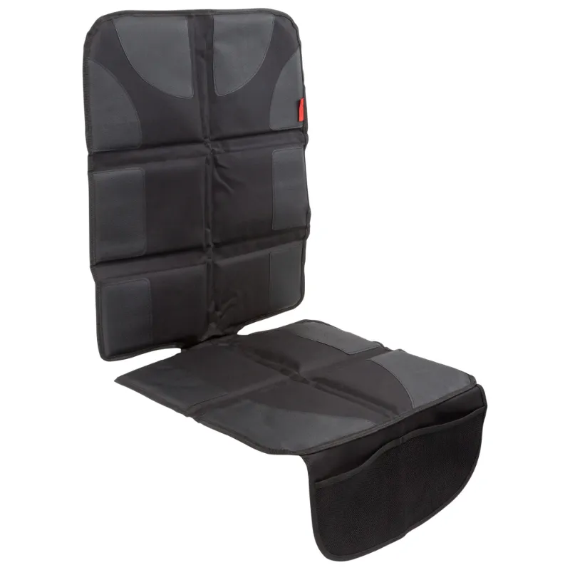 Lusso Gear Car Seat Protector installed under a child booster seat showing protective layers