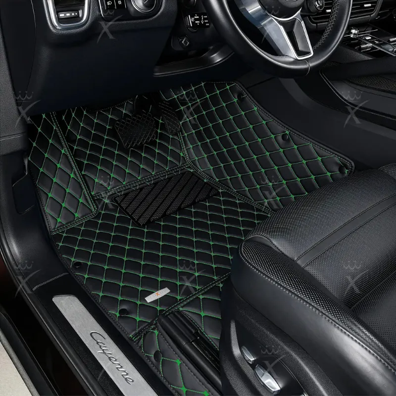 Luxus Car Mats Diamond Series floor mats with black base and green stitching