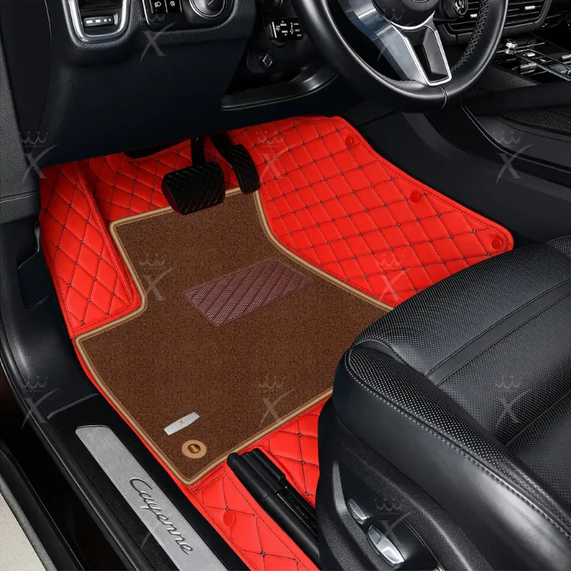 Luxus Car Mats Ferrari Red & Black Stitching & Brown Top Carpet floor mat with diamond stitching