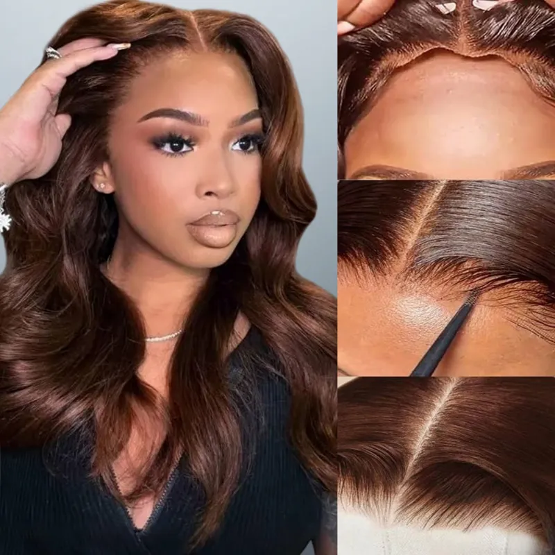 Megalook 13x6 Three-Go Chocolate Brown Straight Glueless Wig shown on model with natural hairline