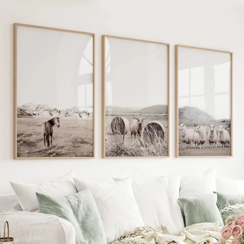 Wall Art Set Autumn Farmhouse Wall Art Set Farm Animals on the Field, farm animal landscape wall art