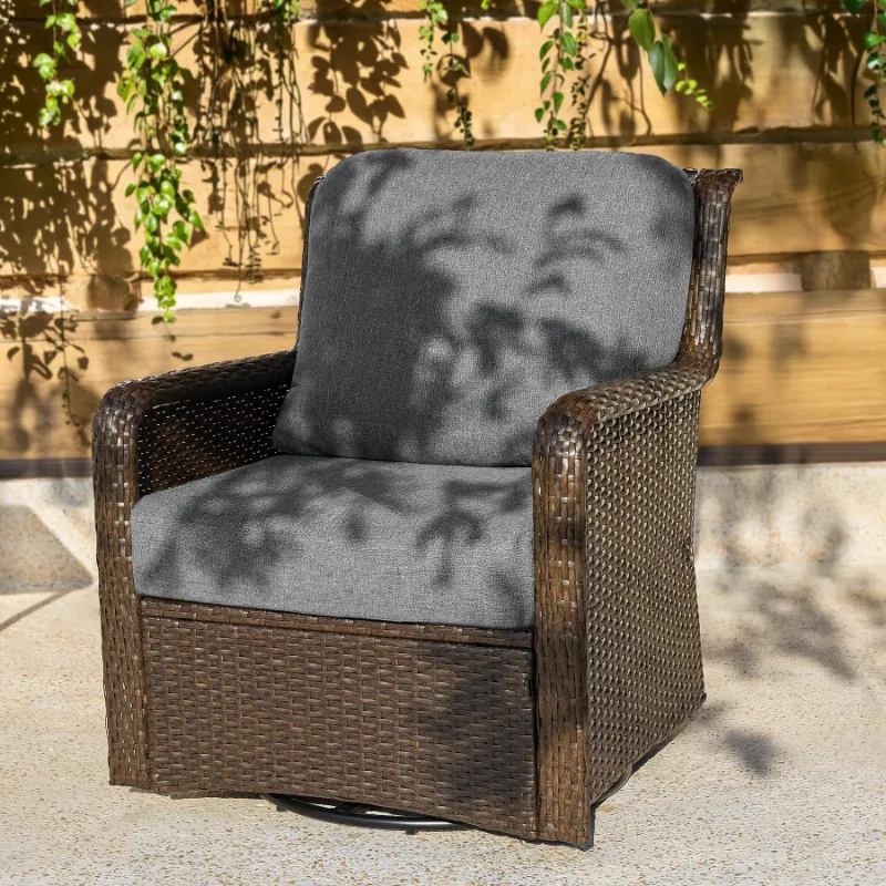Tribesigns 29.53" Outdoor Wicker Swivel Chair with gray cushions on patio