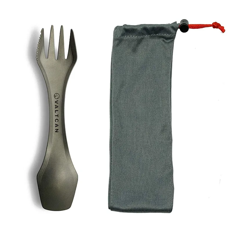 Valtcan Titanium Spork 3-in-1 showing fork tines and serrated edge on one end, spoon on the other