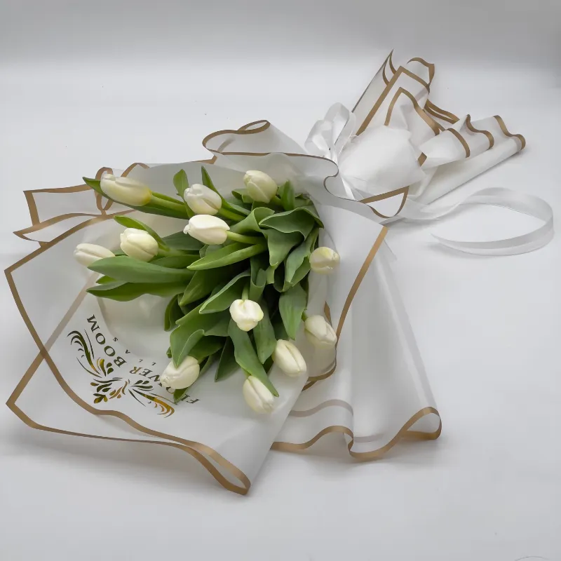 Flower Boom Dallas A Dozen White Tulips, long-stemmed white tulips in elegant gold-trimmed wrapping