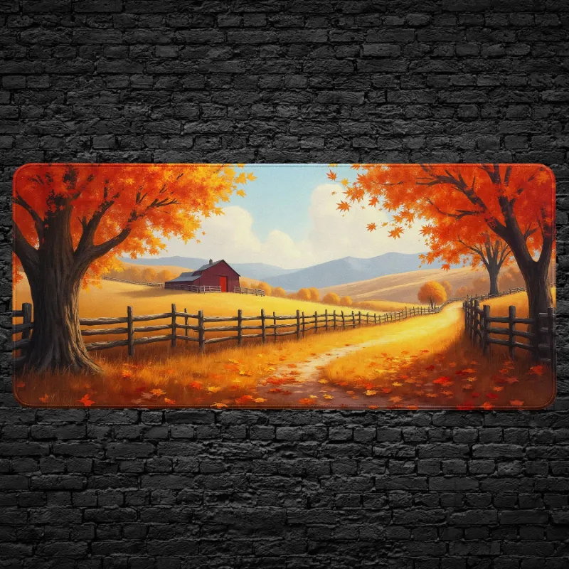 CruArt Autumn Farm Desk Mat with red barn, golden fields, and vibrant orange leaves