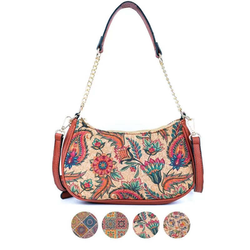 Corkadia Boho Vibes Cork Purse BAG-2336 with mandala print and brown PU leather accents