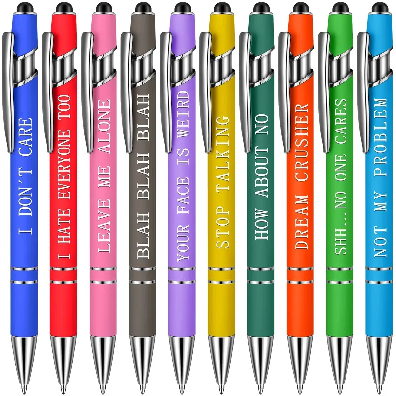 TTAesthetic 10 funny metal press ballpoint pen set, close-up of pens with letter prints