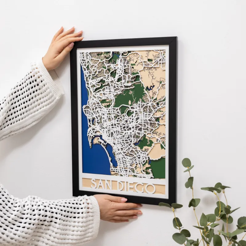 Enjoy The Wood 3D City Map San Diego layered wooden wall art showing coastal districts