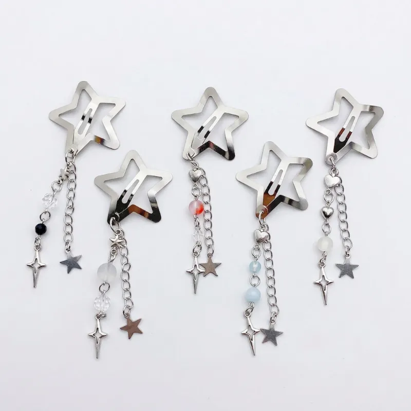 Shoptery Decora Star Hair Clip Set with Chain Tassel & Bead Charms, close-up of star clips with tassels