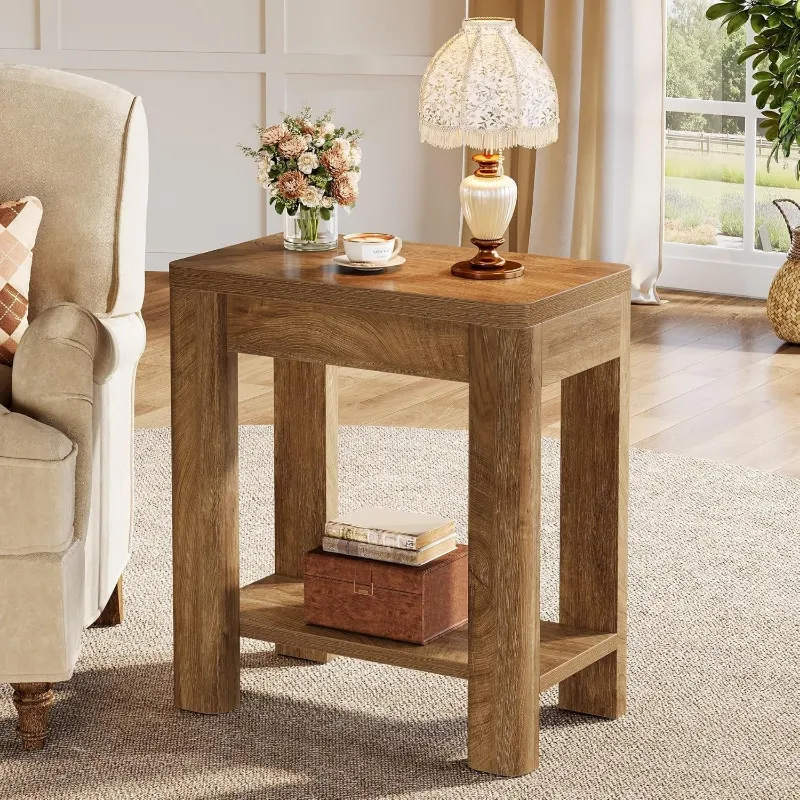 Tribesigns 23.6 inch farmhouse wooden side table in brown finish with bottom storage shelf