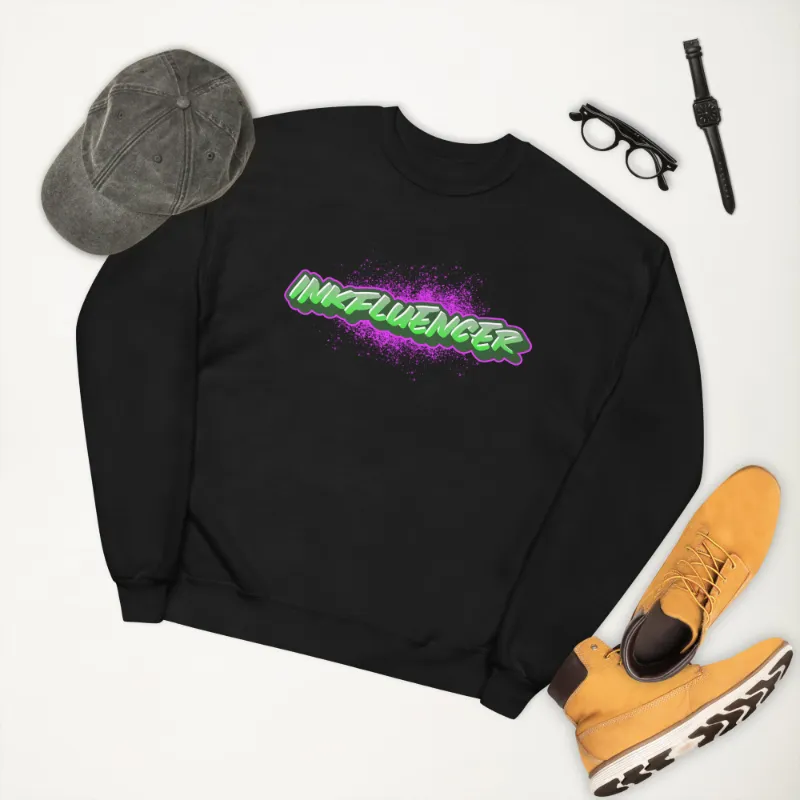 Painless Tattoo Unisex Fleece INKfluencer, cozy fleece sweatshirt worn by a model