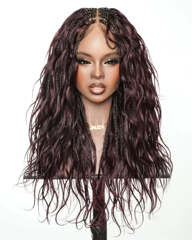 Jaliza Michelle Burgundy Bora Bora Boho Box Braided Wig in deep red tones with human hair curls