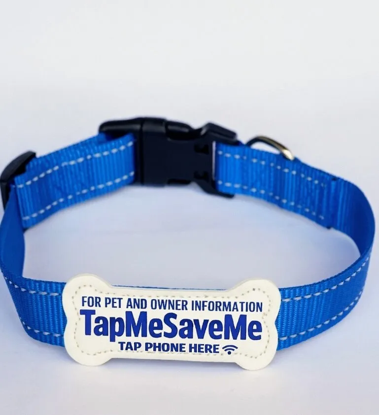 TapMeSaveMe NFC Dog Collar showing durable woven strap with printed instructions.