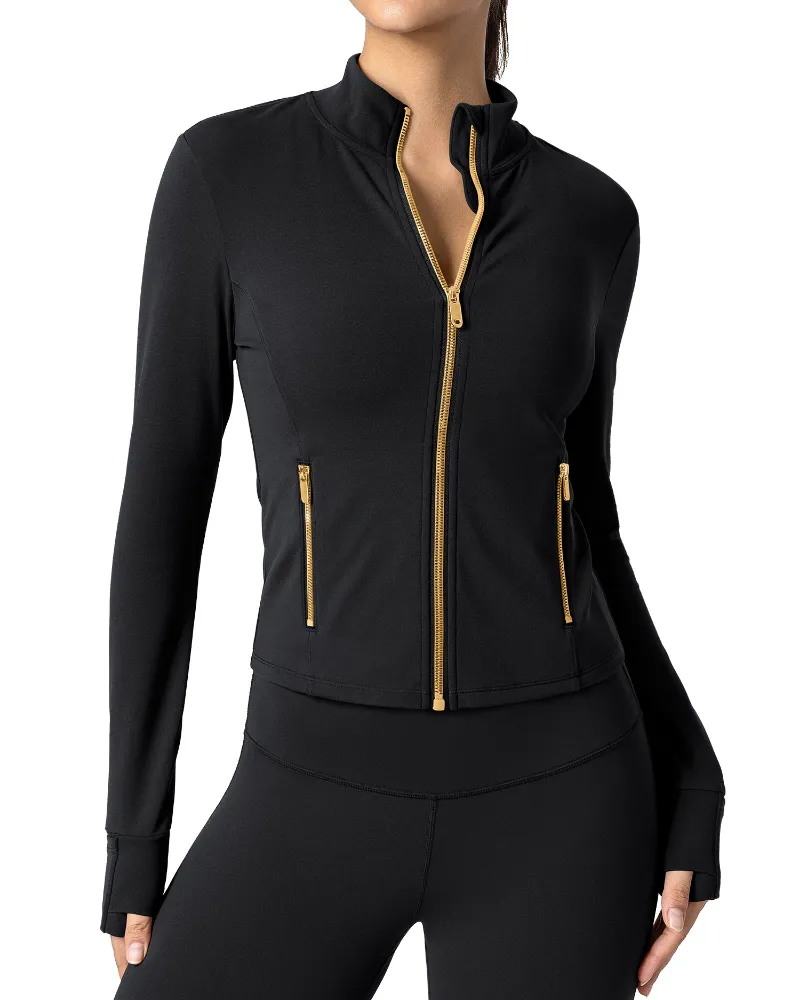 QUEENIEKE Bareluxe Golden Zipper Workout Jacket for Women, pockets, cropped