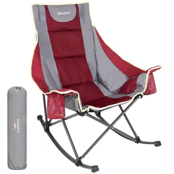 SunnyFeel Outdoor Oversized Folding Rocking Camping Chair with high back and side storage pocket