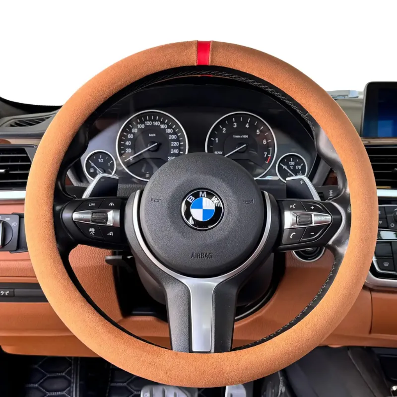 Luxus Car Mats Alcantara Full Steering Wheel Cover in Cuoio Siena tone