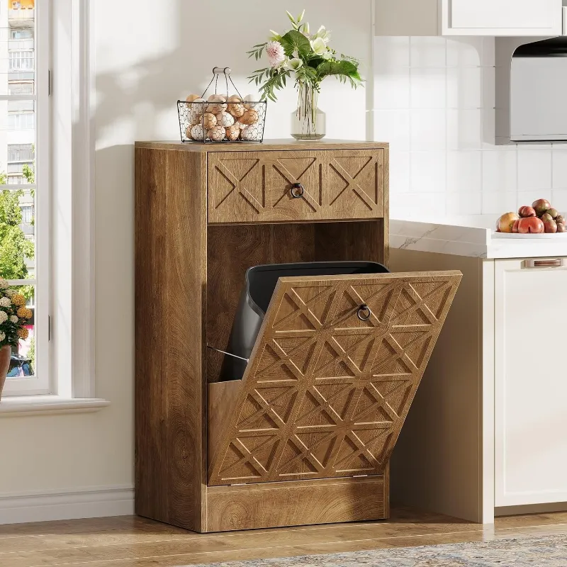 Tribesigns 13 Gallon Tilt Out Trash Can, wooden hidden cabinet with drawer in brown