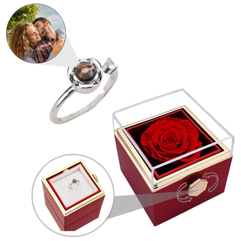 FabuLove Eternal Rose Box with Projection Ring and Real Rose showing preserved rose in gift box with stainless steel ring