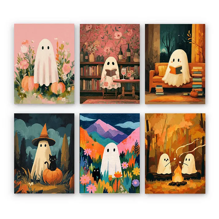 Maikoo Art 6 Mini PBN Ghostly Cozy Days showing six small framed ghostly themed painting canvases