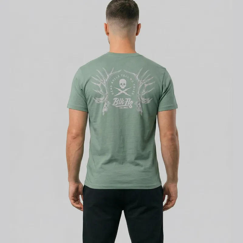 BLK FLG Dead Bulls Tee showing skull, crossbones, and antler back print