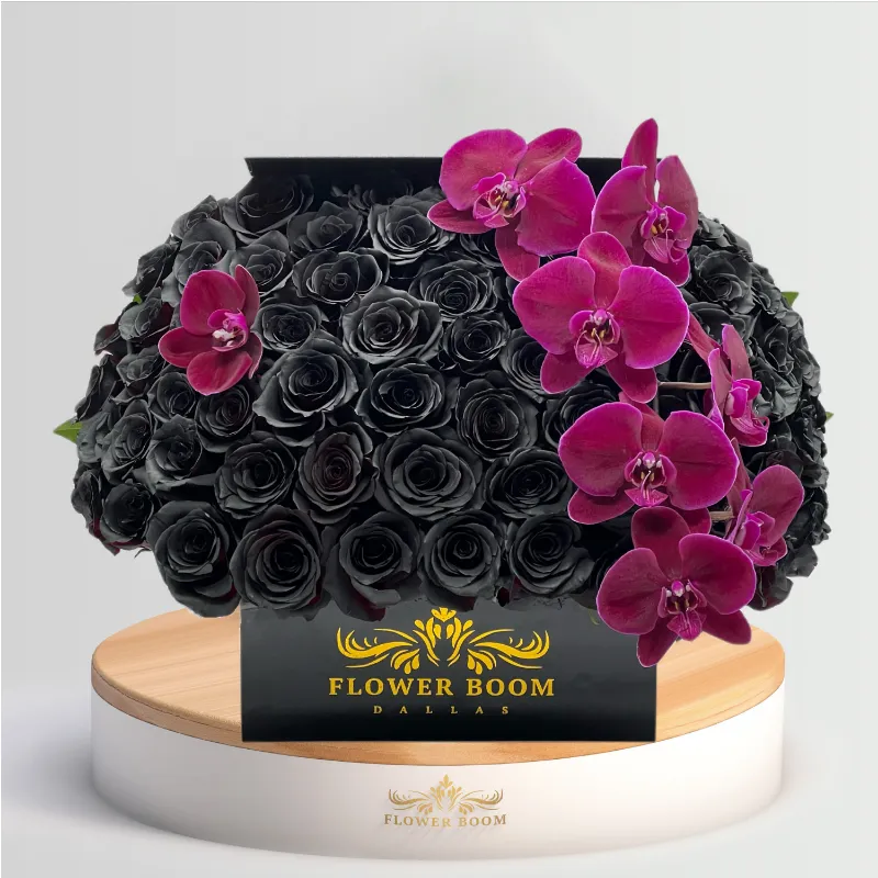 Flower Boom Dallas Dark Night arrangement with black roses and purple orchids in black square box