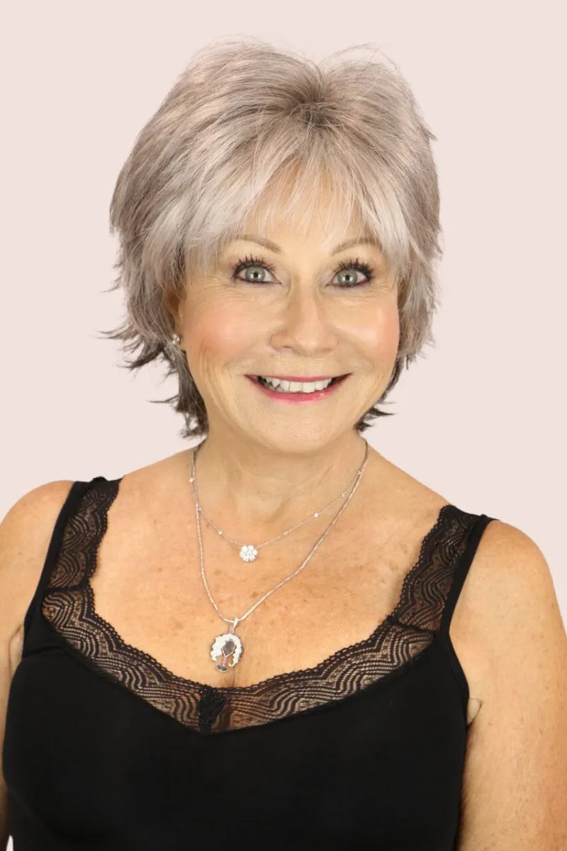 Godiva's Secret Wigs Lisa medium wig Silver Stone short layers with bangs