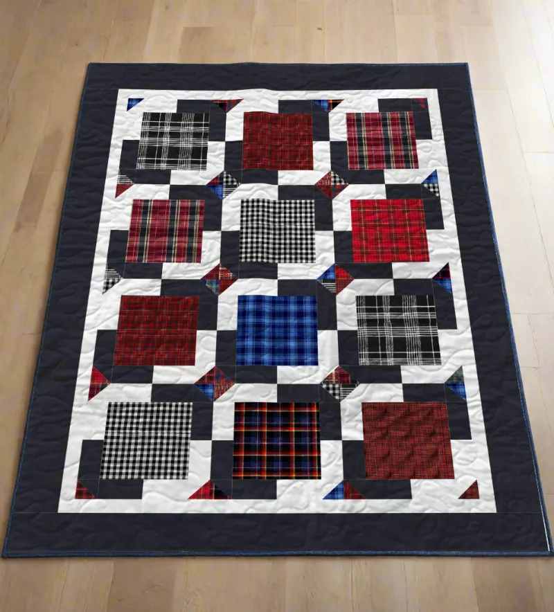 Boho Blanket Plaid Memories Quilt Pattern cover showing a plaid quilt in layered fabrics