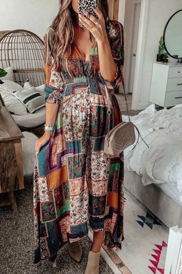 Mislish A-Line V-Neck Print Maxi Dress, front view