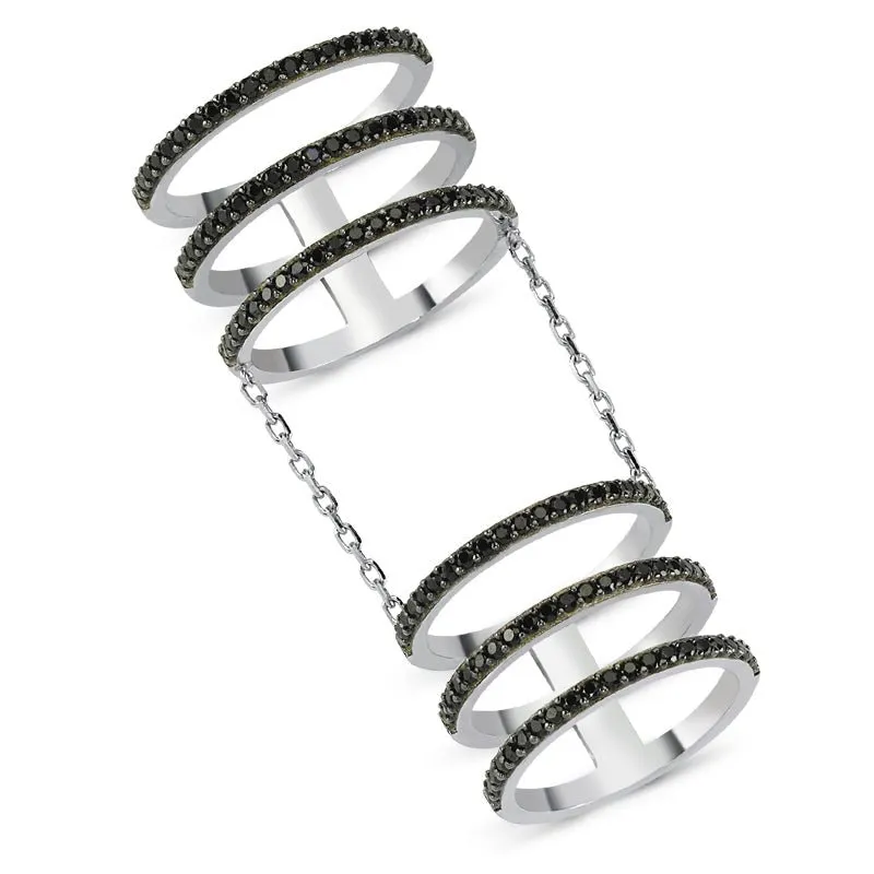 Amorium Jewelry Black Dainty Six Triple Band Linked Silver Stacked Ring with three interconnected black crystal bands