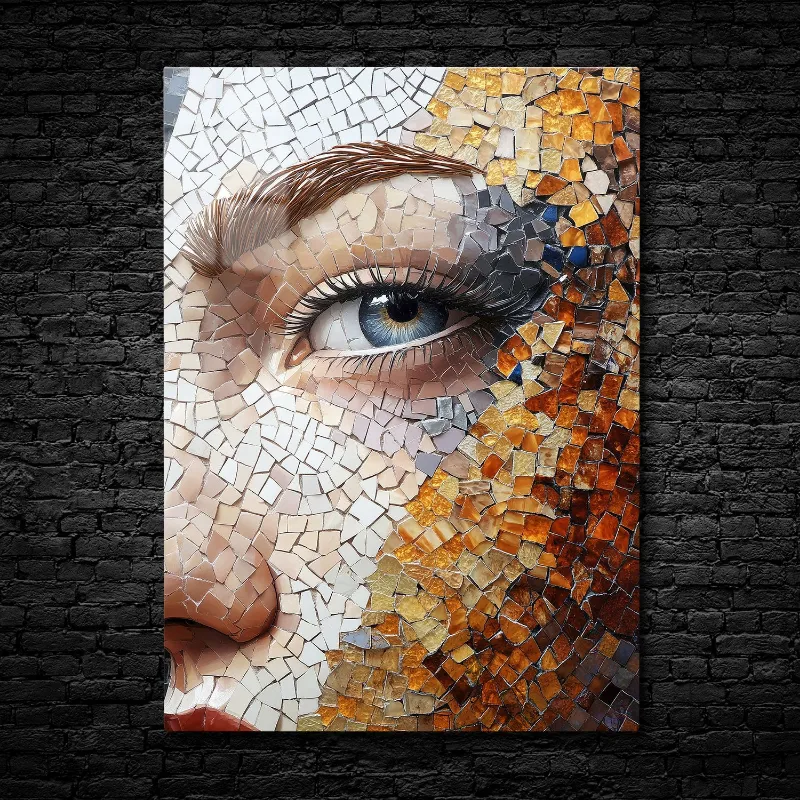 CruArt Mosaic of Reflection metal print showing close-up of woman's face in vibrant mosaic tiles