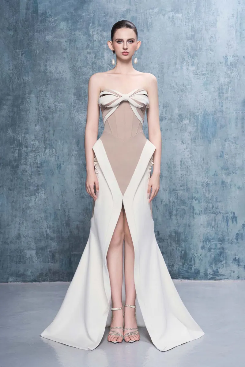 Kalisa Awaken Bandeau Two-Tone Maxi Dress With Front Split, maxi dress with two-tone coloring and front slit