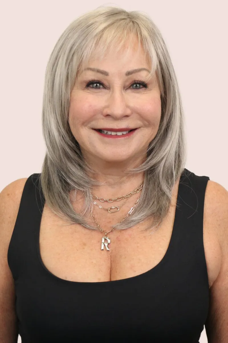 Godiva's Secret Wigs Dede LF Mono long wig in Silver Mink with lace front and layered cut