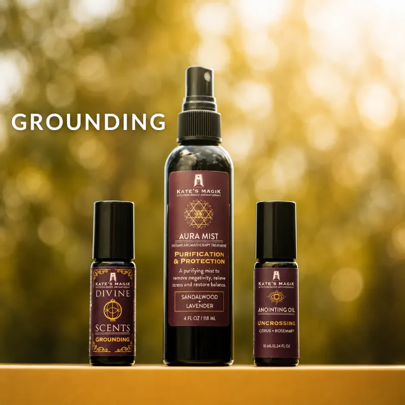 Kates Magik Grounding Divine Scents Perfume Set with mist, anointing oil, and perfume roll-on