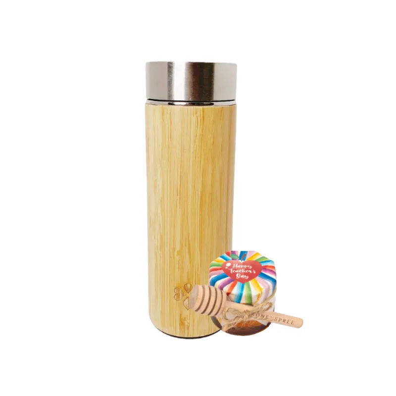 HoneySpree Mini Honey & Bamboo Tumbler with Tea Strainer, bamboo cup with honey jar displayed